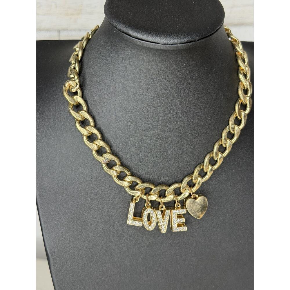 Vintage LOVE Charms Heart Dangle Clear Rhinestone Necklace Chunky Choker